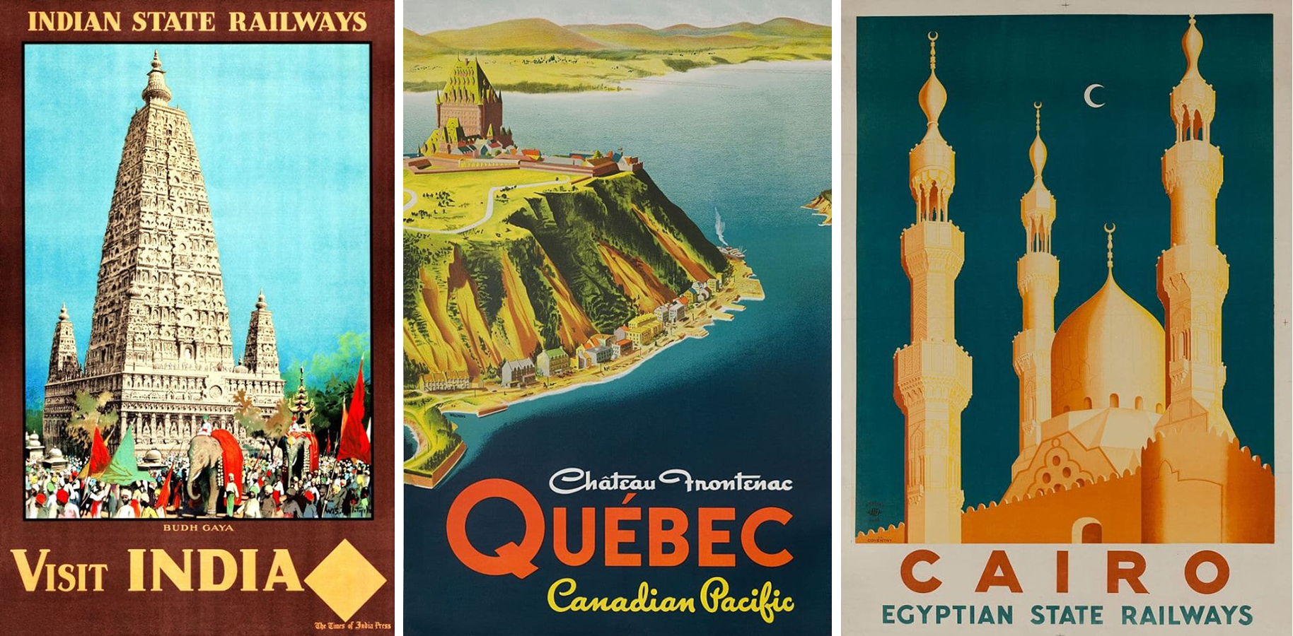 vintage travel posters for quebec, egypt, and india