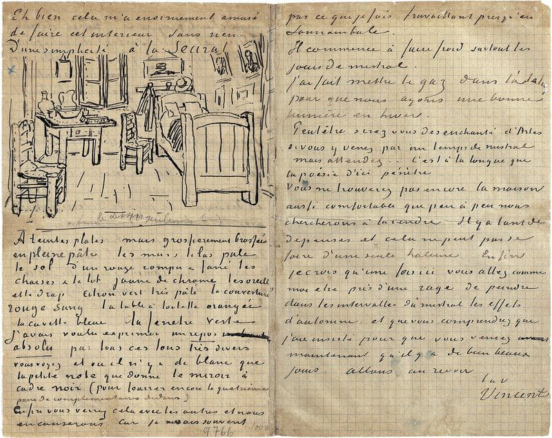 sketch of van gogh's bedroom with bed, chair, and paintings on the wall alongside his handwriting