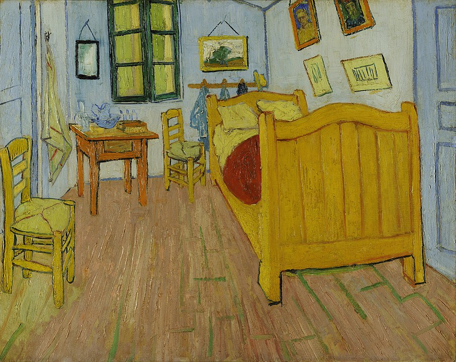  van gogh painting of his bedroom in arles with blue walls, a reddish wood floor, paintings hung on the walls with wire, and a yellow bed and yellow straw chair