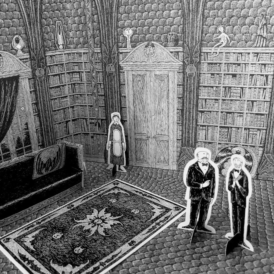 black and white drawing of edward gorey dracula toy theater