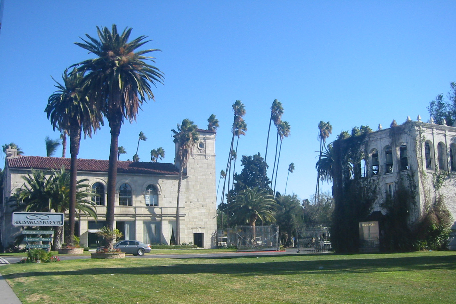 the lawn and buildings at the hollywood forever cemetery