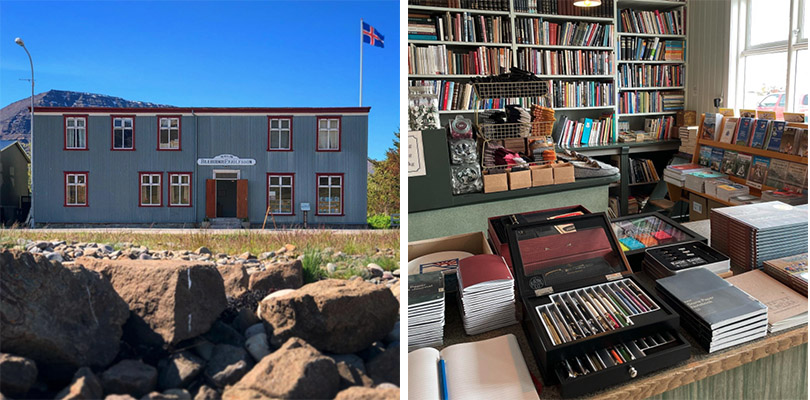 an outside view of the gray building and an interior view of the bookshelves