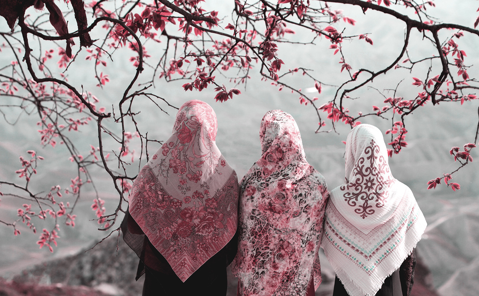 three women in colorful headscarves in iran