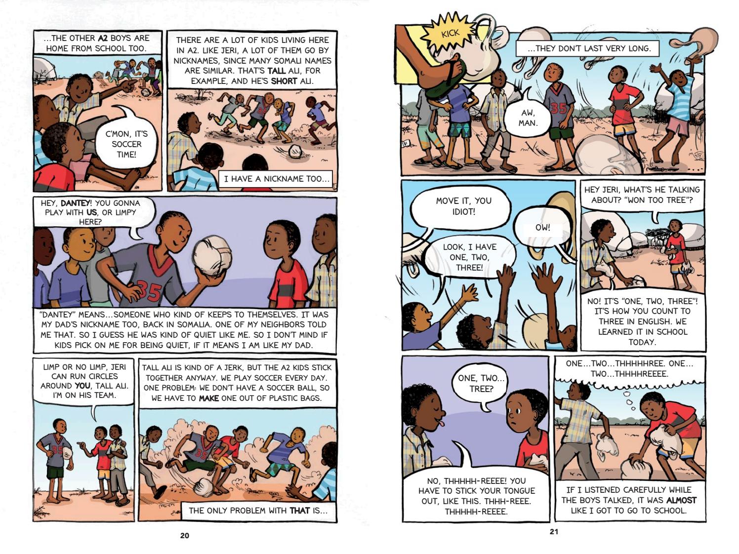 multiple comics panels with images of children in a refugee camp