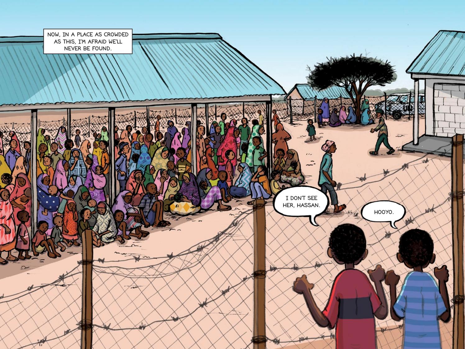 2-page illustration of a refugee camp with children looking through a chainlink fence