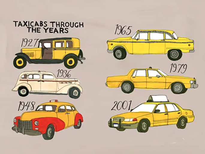 illustration of yellow taxi cabs through the ages