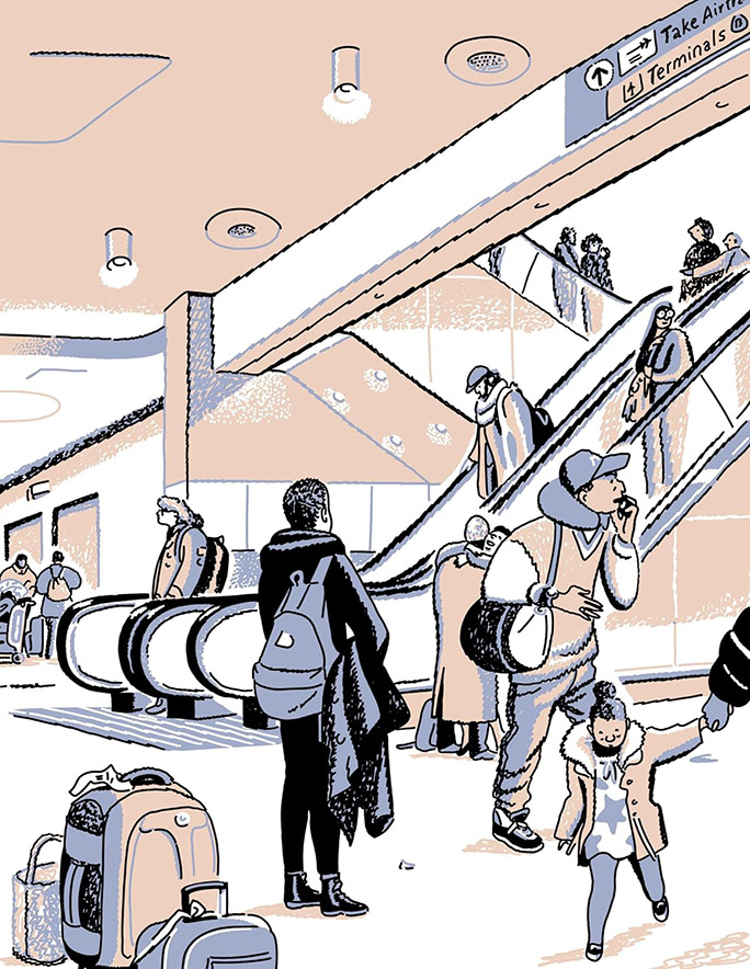 blue and peach page of comics showing people walking in an airport looking for each other