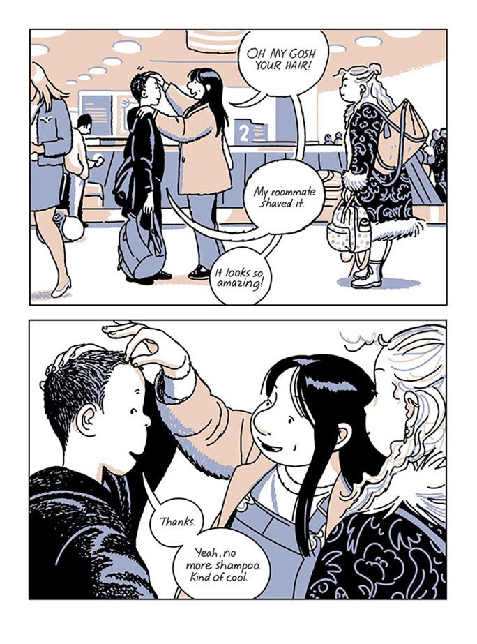 blue and peach page of comics showing two people talking in an airport