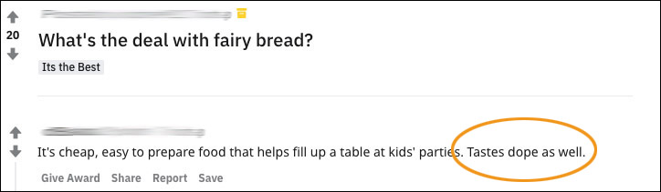 reddit comment about fairy bread that says it's dope