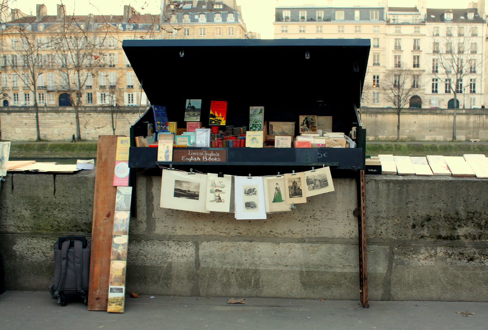 close-up of a small book stand along the Seine River in Paris