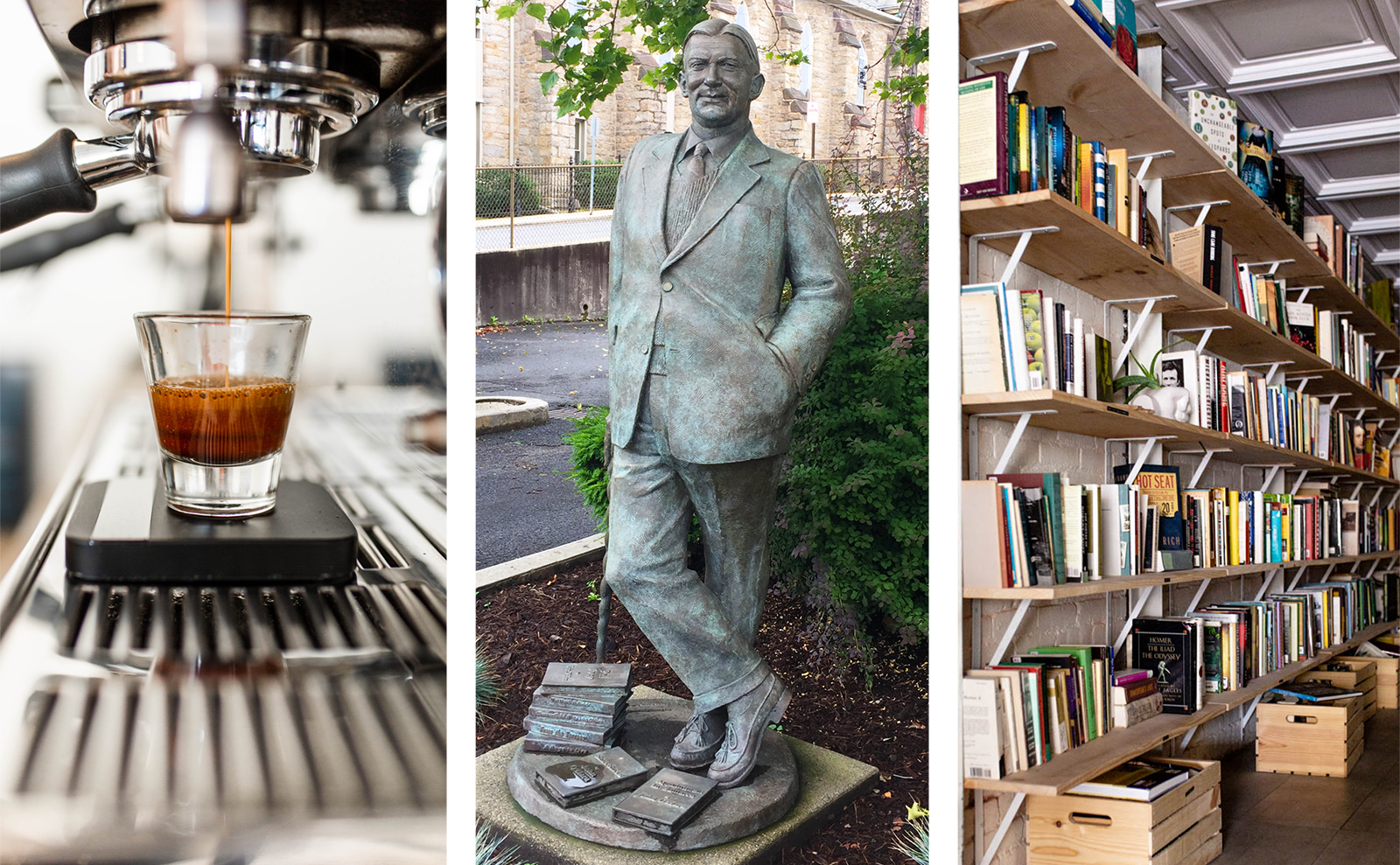 collage of a cup of espresso, a statue of john o'hara, and a shelf of books