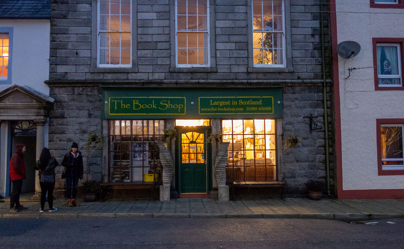 the front of the bookshop at night