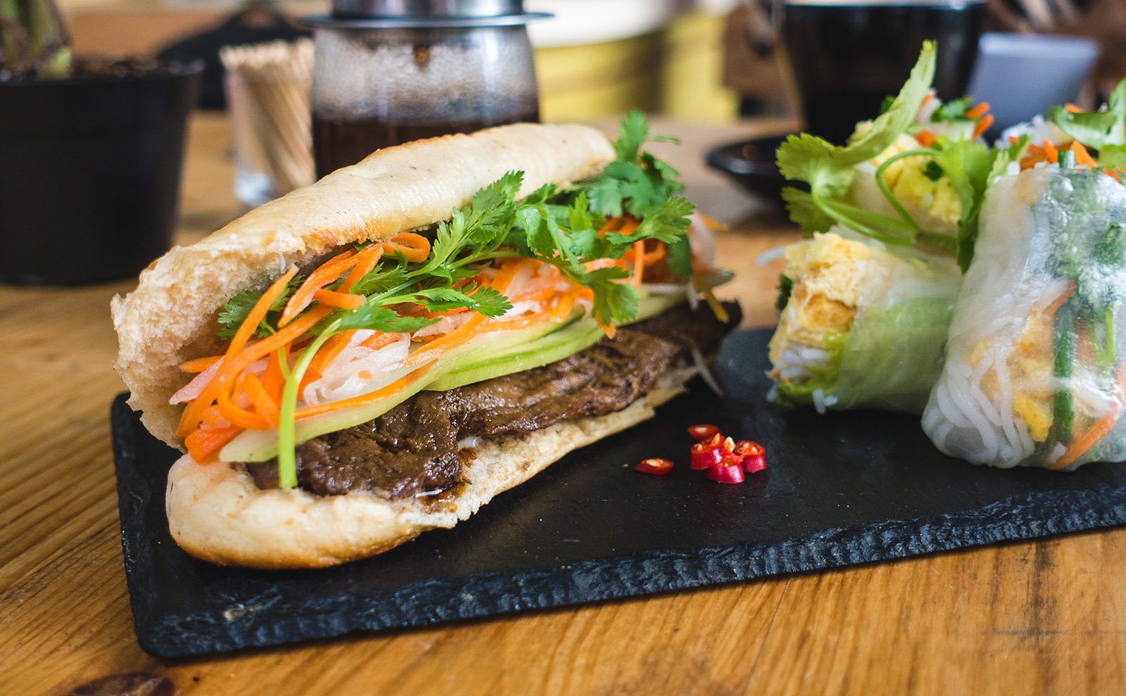 banh mi sandwich on a wooden table