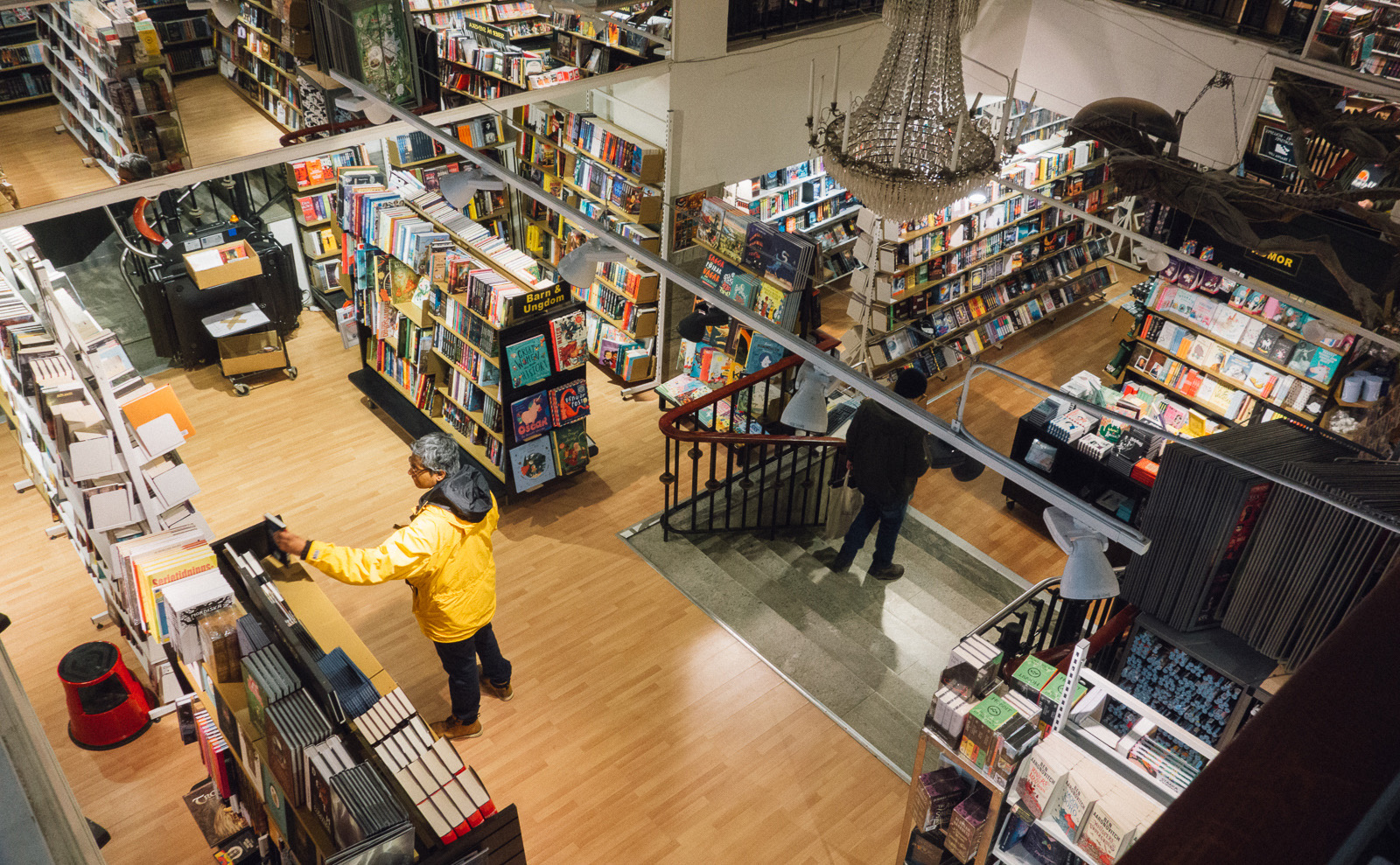 a book display in the sci-fi bookshop in stockholm, sweden